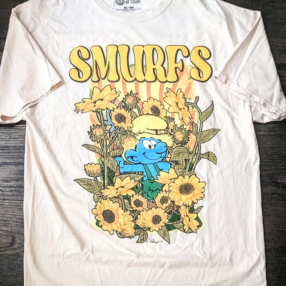 New XL Smurfs Sunflower Gardening Good Vibes Tee Shirt